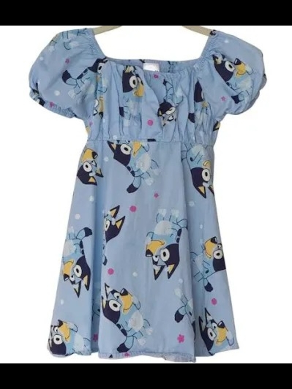 Blue Character Print Puff-Sleeve Kids Dress